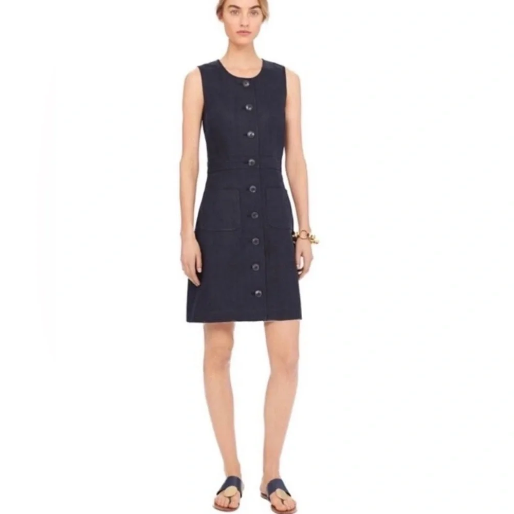 NWOT Tory Burch Navy Button-Front Linen Shift Dress Size 0